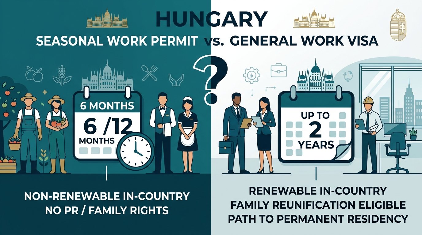Comparison graphic between Hungary Seasonal Work Permit and General Work Visa showing validity periods, PR eligibility, and family reunification rules