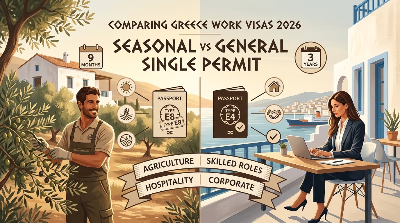 Greece Seasonal Work Visa vs Type E4 Single Permit comparison chart