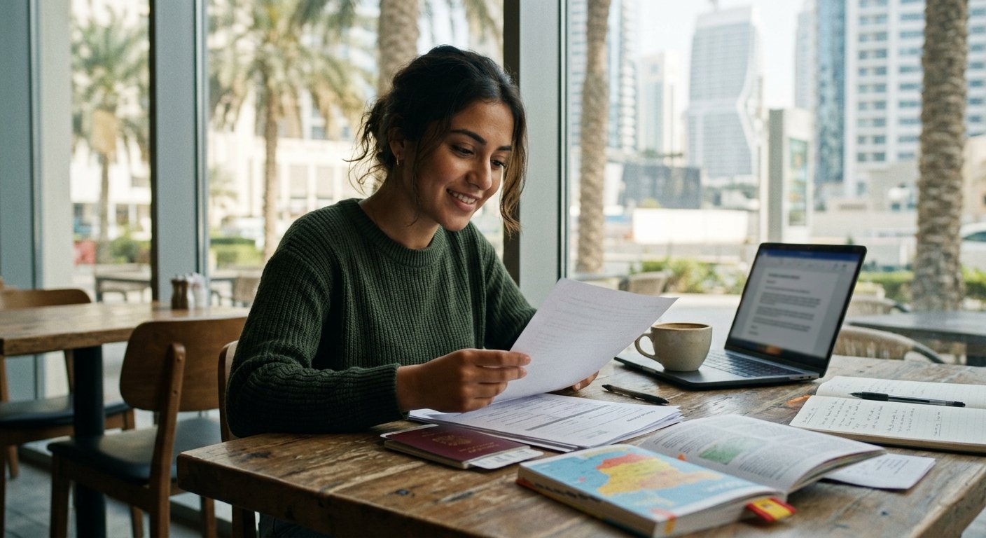 A student reviewing visa documents and passport at a modern cafe table with a laptop and study guide in Dubai