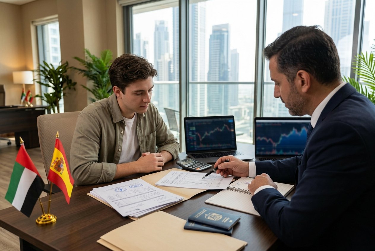 Professional visa consultant reviewing financial documents and bank statements with a student in a Dubai office, with small UAE and Spain flags on the desk.