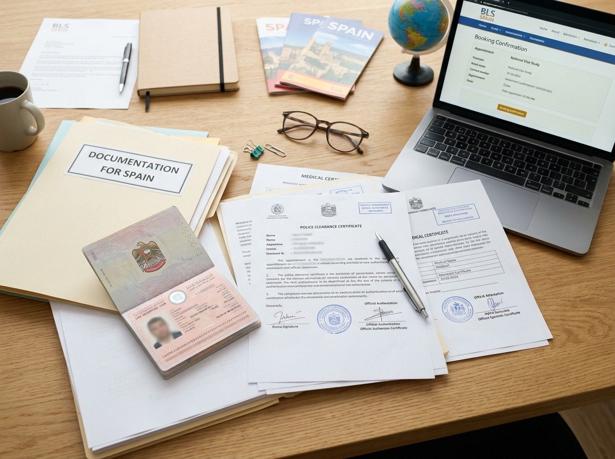 A student's workspace in Dubai with an open passport, attested police clearance, medical certificates, and a laptop showing a BLS Spain visa appointment confirmation